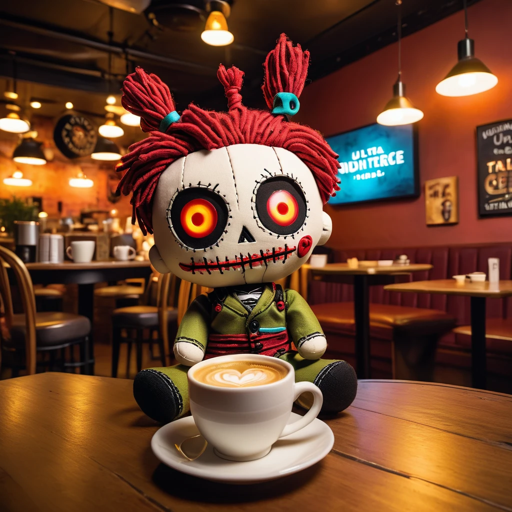 (knitted toy voodoo doll:1.5), (Voodoo in Friends Cafe:1.3), (Clothing: casual 90s attire:1.0), (Accessories: enchanted coffee mug, glowing "Reserved" sign:1.1), (background: iconic cafe with floating coffee cups, glowing Central Perk sign, and cozy ambiance:1.2), best quality, masterpiece, detailed soft oil painting, detailed background, dramatic cinematic lighting, soft edge lighting, professional, dramatic lighting, hard edge lighting, ultra quality, 4k,masterpiece, best quality, 8k, ultra highres, highres, extremely detailed