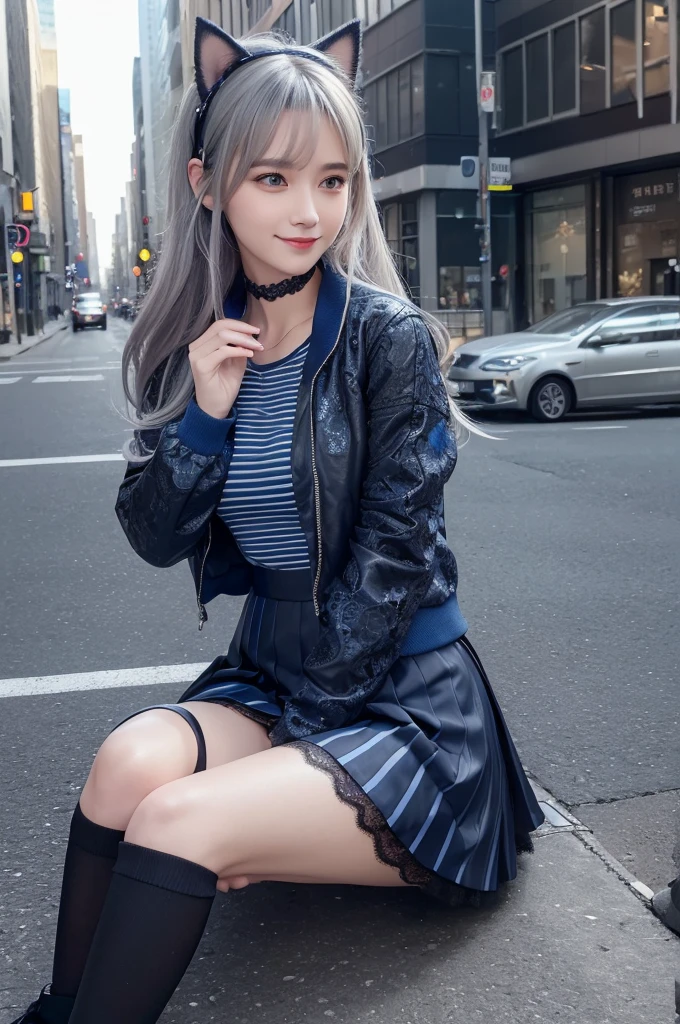 ((Best Quality)), ((Masterpiece)), (Detailed), Perfect Face, Very Detailed, Masterpiece, Best Quality, Official Art, Extremely Detailed CG Unified 8k Wallpaper, Dynamic Eyes and Detailed Full Body Portrait, trendy style, long silver-gray hair, shoulder-length hair, a futuristic blue halo on her head, ((sitting on the ground)), ((spread legs)), future clothing, with a mechanical feel, ((dark blue skirt with bright blue lace)), ((black jacket with blue stripes)), JK short skirt, cat ear headphones on the head, smile, city streets in the background, ((watery eyeright eyes))