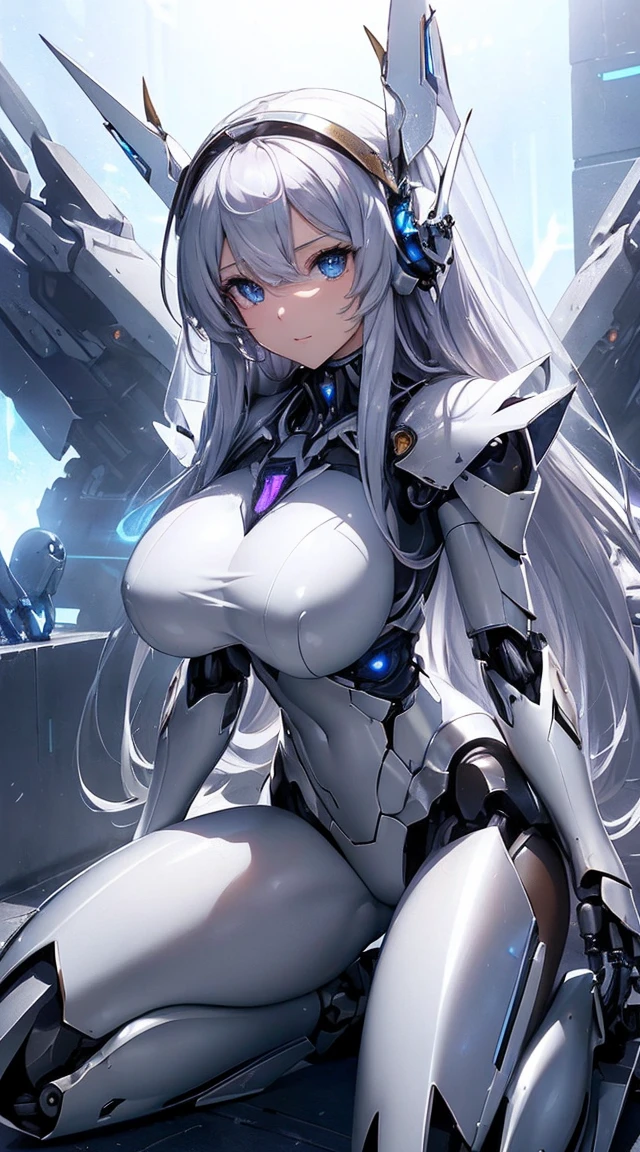 (Sit on one knee on the machine:1.6)、(Full body description:1.3)、((Shining lenses on both breasts:1.3))、((Blue pillars of light are emanating from both chests.:1.3))、smile、((8K)), ((32k)), ((Highest quality)), ((masterpiece)), ((超A high resolution)), ((Tmasterpiece)), ((Halation:1.4))、((Mechaニカルheadgear:1.2))、((Cyber Headphones:1.3))、Fine skin, High quality fabric, Fine metal texture、((Beautiful and dense face))、RAW Photos、Professional, Ultra-fine painting, ((alone)), Beautiful breasts、Highest quality, Very detailed, Very detailed詳細, Finer details, so beautiful, ((Princess Knight Robot:1.2)),  (Joints of machines, Mechanical Limbs:1.3), (The internal structure of the machine is exposed:1.3), (Long silver hair:1.1), (Beautiful and huge mechanical breasts)、White Veil, cowboy_shot, Side Focus, headgear, Shiny、(Five Fingers, Four fingers and thumb),Concept Art, Anime fantasy artwork, Detailed fantasy art, (with pale blue-violet hair and large white wings,,,,,,,), (((Long silver hair))), (Mecha:1.6)、Sleek and intimidating design, ((Commander-in-Chief&#39;arm)), (Perfect robot body)、純白と青紫armまたは, Symmetrical wings, 8K high quality, detailed art, 3D rendering of character art in 8K, neat legs, Defined, Defined fingers,