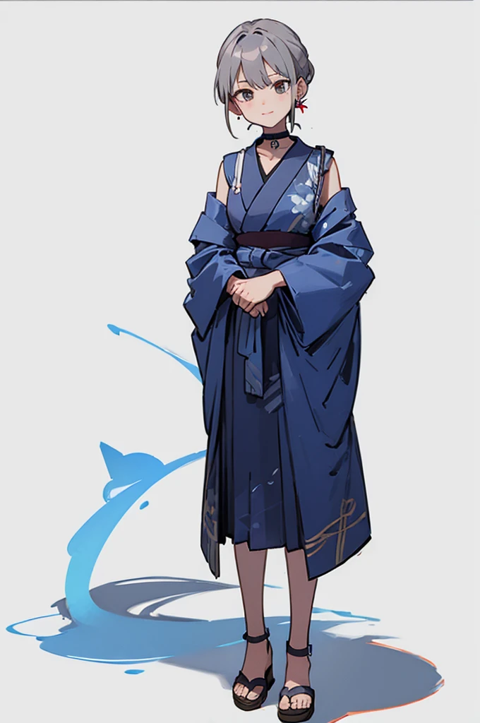 Blue Yukata、Gray Hair、Mischievous face、Choker on neck、Big earrings、Arms crossed、Only the mouth is smiling、Straw sandals、Choker on right leg、Shoulders are out(whole body、Are standing、、White background)