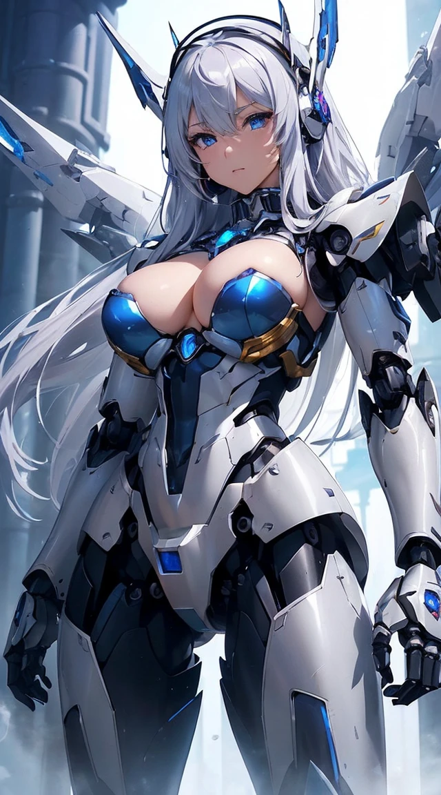 ((Intense action pose:1.6))、((Shining lenses on both breasts:1.3))、((Blue pillars of light are emanating from both chests.:1.3))、smile、((8K)), ((32k)), ((Highest quality)), ((masterpiece)), ((超A high resolution)), ((Tmasterpiece)), ((Halation:1.4))、((Mechaニカルheadgear:1.2))、((Cyber Headphones:1.3))、Fine skin, High quality fabric, Fine metal texture、((Beautiful and dense face))、RAW Photos、Professional, Ultra-fine painting, ((alone)), Beautiful breasts、Highest quality, Very detailed, Very detailed詳細, Finer details, so beautiful, ((Princess Knight Robot:1.2)), (Joints of machines, Mechanical Limbs:1.3), (The internal structure of the machine is exposed:1.3), (Long silver hair:1.1), (Beautiful and huge mechanical breasts)、White Veil, cowboy_shot, Side Focus, headgear, Shiny、(Five Fingers, Four fingers and thumb),Concept Art, Anime fantasy artwork, Detailed fantasy art, (with pale blue-violet hair and large white wings,,,,,,,), (((Long silver hair))), (Mecha:1.6)、Sleek and intimidating design, ((Commander-in-Chief'arm)), (Perfect robot body)、純白と青紫armまたは, Symmetrical wings, 8K high quality, detailed art, 3D rendering of character art in 8K, neat legs, Defined, Defined fingers,