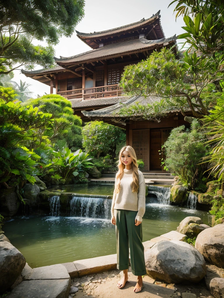 hyper realistic photography Portrait of a beautiful girl with long blonde hair wearing a sweater jacket and long torn Levis trousers standing posing in calm nature with a traditional Javanese style wooden house which has a curved roof. The house is located near a waterfall. Surrounding, there are green trees and bushes. This house stands on the edge of a waterfall flowing behind the house, creates a foggy atmosphere. in front of the house, Calm water surrounds several rocks that jut out on its surface. There is a wooden staircase leading up to the house, realistis ultra HDR extreme original face