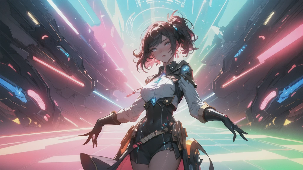 (masterpiece, best quality), 1lady, solo, masterpiece, artstation, dynamic, charming, magical, unreal engine, fantastically beautiful, illustration, dramatic lighting, rave background, neon glow, maximalist