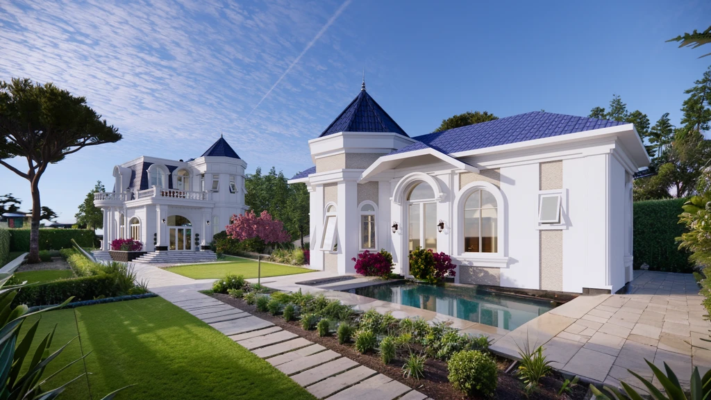 A close-up view of a beautifully designed modern European garden with a touch of Asian influence, focusing on a sleek gazebo with a contemporary roof design. Shot with a high-quality DSLR camera, the smooth stone pathway winds through lush green lawns and small grassy hills, leading to a spacious BBQ area equipped with a stylish grill and modern outdoor dining furniture. The gazebo is elegantly furnished with minimalist chairs and a table. The garden includes multiple grassy areas, small mounds forming gentle hills, a serene pond with a waterfall cascading over a hòn non bộ rock formation, and small clear ponds, incorporating Asian-inspired plants that add tranquility to the setting. Soft, ambient lighting enhances the cozy atmosphere. Shallow depth of field, focused foreground, bokeh background. ((8k)), high quality detail, sophisticated and harmonious garden.
