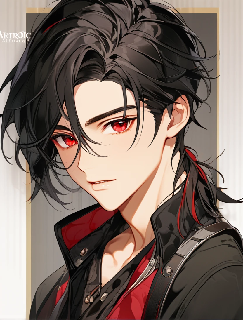 (Black_Hair), (red_ruby_eyes), (Handsome), (attractive), (male), (close_up_shot), (detailed_eyes), (detailed_hair), (clean_hair),  (vertical_pupils), (jawline), (wears_aristrocatic_outfit), (in_his_teens)