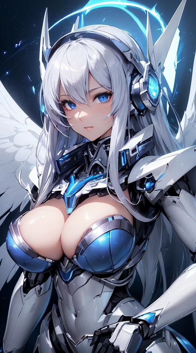 ((Extreme close up:1.6))、(((Lenses shining on both breasts:1.3)))、((A blue pillar of light emanates from both of his chests..:1.3))、break、(((Dynamic pose:1.8)))、smile、((8K)), ((32k)), ((Highest quality)), ((masterpiece)), ((超A high resolution)), ((Tmasterpiece)), ((Halation:1.4))、((Mechaニカルheadgear:1.2))、((Cyber Headphones:1.3))Fine skin, High quality fabric, High-quality metal texture、((Beautiful and dense face))、RAW Photos、Professional, Ultra-fine painting, ((alone)), Beautiful breasts、Highest quality, Very detailed, Very detailed詳細, Finer details, so beautiful, ((Princess Knight Robot:1.2)),  (Joint of the machine, Mechanical Limbs:1.3), (The internal structure of the machine is exposed:1.3), (Long silver hair:1.1), (Beautiful and huge mechanical breasts)、White Veil, cowboy_shot, Side Focus, headgear, Shiny、(Five Fingers, Four fingers and thumb),Concept Art, Anime fantasy artwork, Detailed fantasy art, (with pale blue-violet hair and large white wings,,,,,,,,), (((Long silver hair))), (Mecha:1.6)、Sleek and intimidating design, ((Commander-in-Chief&#39;arm)), (Perfect robot body)、純白と青紫のarmまたは, Symmetrical wings, 8K High Resolution, Detailed Art, 3D rendering of character art in 8K, neat legs, Defined, Defined fingers,((headshot:1.3))