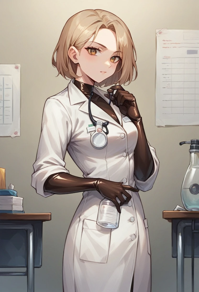 1girl, light hair, ((brown elbow gloves)), ((surgical gloves)), ((latex gloves)), ((long sleeves)) ((white surgeon outfit)), looking at viewer, ((doctor)), standing, solo