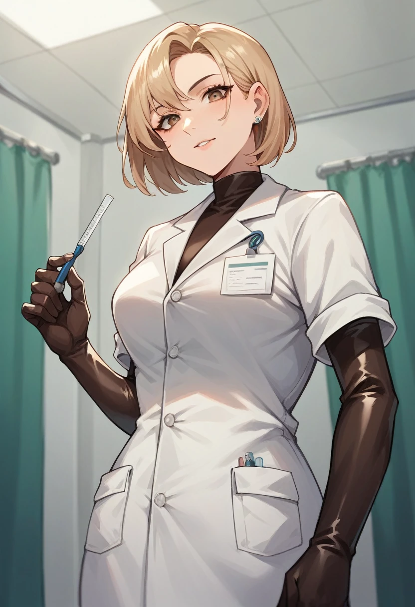 1girl, light hair, ((brown elbow gloves)), ((surgical gloves)), ((latex gloves)), ((long sleeves)) ((white surgeon outfit)), looking at viewer, ((doctor)), standing, solo