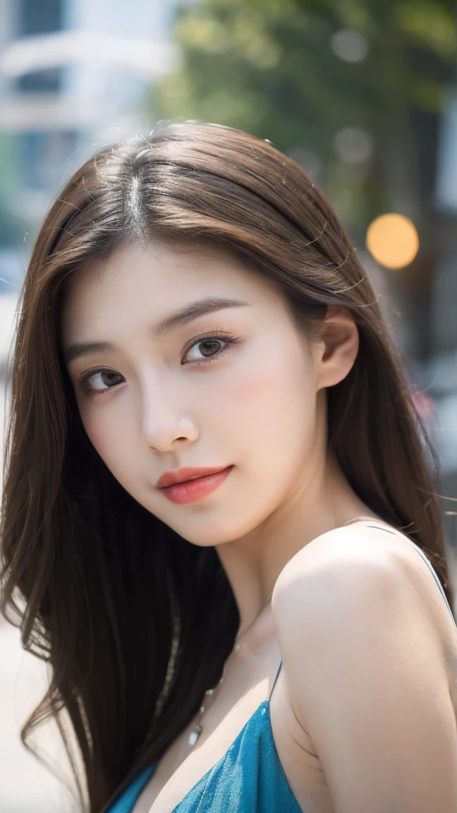 ((Best quality, 8K, masterpiece:1.3)),1girl,18 years old,Asian,Real texture:1.3,(Background blur:1.1),Gorgeous long dress,Tall and slender figure:1.2,(Hot summer weather),(street:1.3),Highly detailed face and skin textures,Exquisite eyes,Long eyelashes,Double eyelids,Skin Whitening,happy,Various postures,Big breasts, finger left