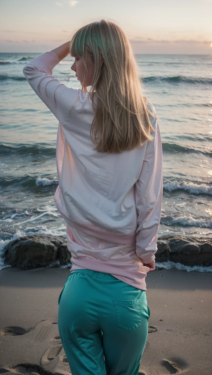 Pale blonde age girl with bangs, shiny silky hair, and blue-green eyes with a long green sweatshirt and pink pants taking a photo on the beach from the back at night with a flash from the rear camera