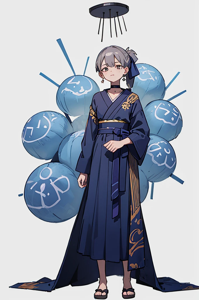 Blue Yukata、Gray Hair、Mischievous face、Choker on neck、Big earrings、Arms crossed、Only the mouth is smiling、Straw sandals、Choker on right leg、Shoulders are out(whole body、Are standing、、White background)