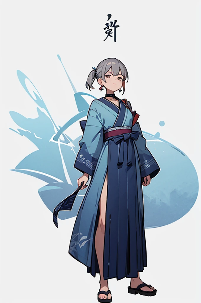 Blue Yukata、Gray Hair、Mischievous face、Choker on neck、Big earrings、Arms crossed、Only the mouth is smiling、Straw sandals、Choker on right leg、Shoulders are out(whole body、Are standing、、White background)