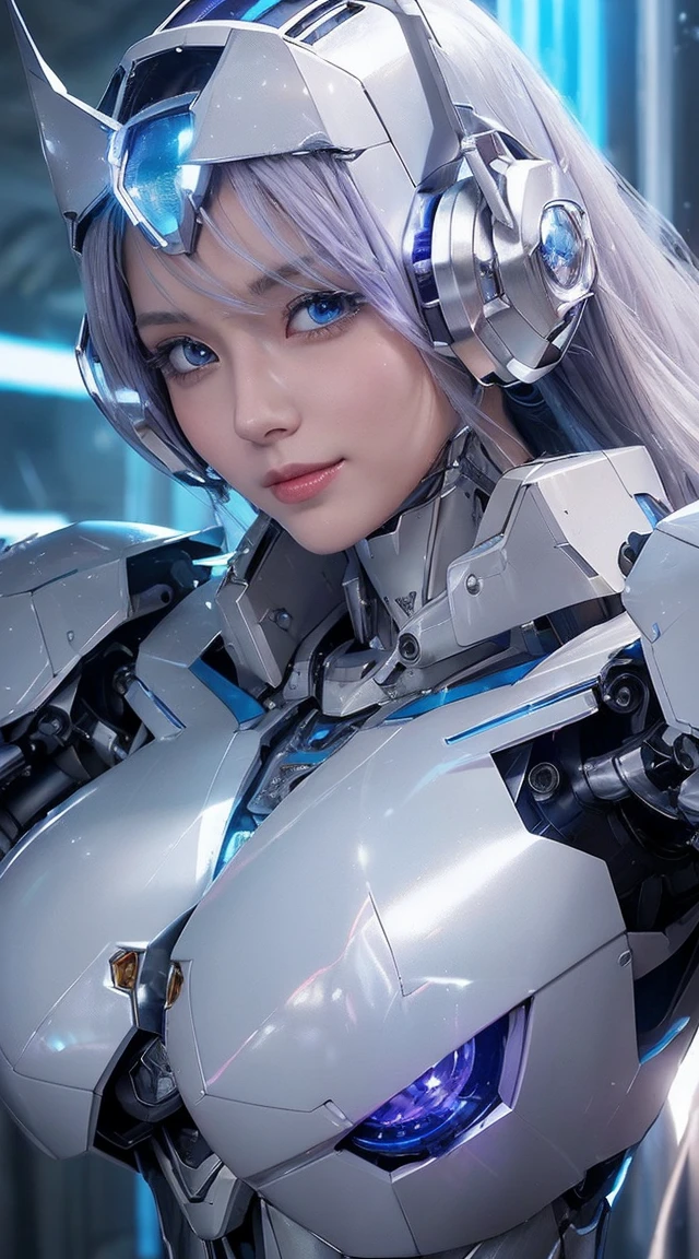 ((Extreme close up:1.6))、(((Lenses shining on both breasts:1.3)))、((A blue pillar of light emanates from both of his chests..:1.3))、break、(((Dynamic pose:1.8)))、smile、((8K)), ((32k)), ((Highest quality)), ((masterpiece)), ((超A high resolution)), ((Tmasterpiece)), ((Halation:1.4))、((Mechaニカルheadgear:1.2))、((Cyber Headphones:1.3))Fine skin, High quality fabric, High-quality metal texture、((Beautiful and dense face))、RAW Photos、Professional, Ultra-fine painting, ((alone)), Beautiful breasts、Highest quality, Very detailed, Very detailed詳細, Finer details, so beautiful, ((Princess Knight Robot:1.2)), (Joint of the machine, Mechanical Limbs:1.3), (The internal structure of the machine is exposed:1.3), (Long silver hair:1.1), (Beautiful and huge mechanical breasts)、White Veil, cowboy_shot, Side Focus, headgear, Shiny、(Five Fingers, Four fingers and thumb),Concept Art, Anime fantasy artwork, Detailed fantasy art, (with pale blue-violet hair and large white wings,,,,,,,,), (((Long silver hair))), (Mecha:1.6)、Sleek and intimidating design, ((Commander-in-Chief'arm)), (Perfect robot body)、純白と青紫のarmまたは, Symmetrical wings, 8K High Resolution, Detailed Art, 3D rendering of character art in 8K, neat legs, Defined, Defined fingers,((headshot:1.3))