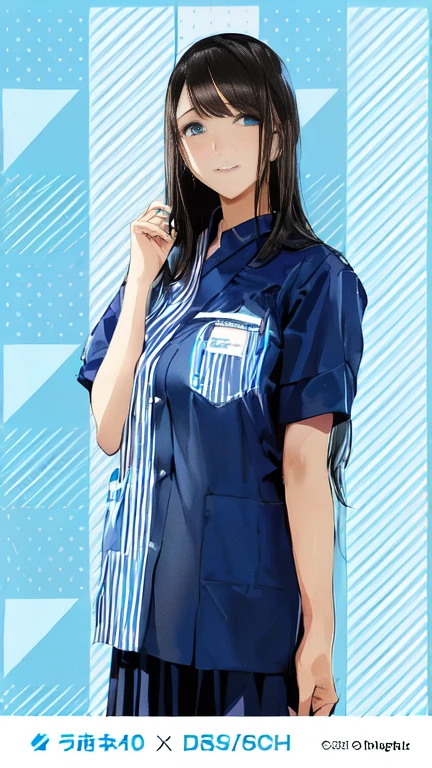 a woman in a blue uniform posing for a picture, nurse uniform, jk uniform, seifuku, blue uniform, Surgical gowns and scrubs, nurse scrubs, Short sleeve, uniform background, Work clothes, Work clothes, nurse, nurse girl, Catalogue photo, girl wearing uniform, with two front pockets, bright uniform background, uniform, plain uniform sky at the back