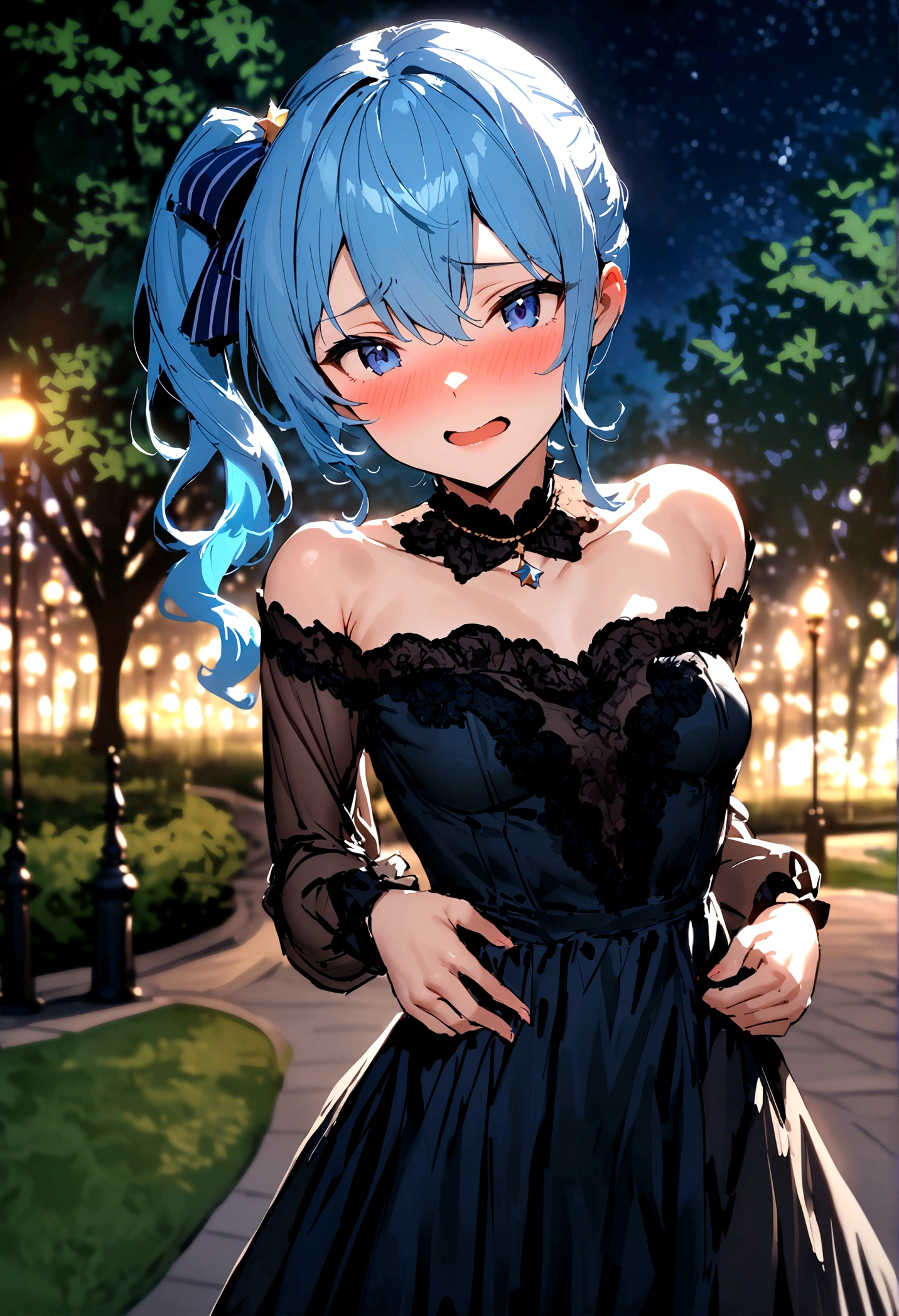 NSFW,masterpiece,Highest quality,High resolution,Super detailed,Star Town Suisei\(Hololive\),Blue Hair,One Side Ponytail,Blue Eyes,Long dress,Off the shoulder,Small breasts,Embarrassed,Estrus,Lust,blush,(Scary face man),A man puts his hands on her waist and hugs her,(Having sex),Insert,Creampie,Night Park,Unpopular place