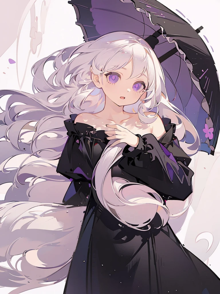 portrait, 1girl, long white hair, purple eyes, holding a black umbrella, illustration, perfect eyes, perfect face, perfect hand, splash simple background, off shoulder dress