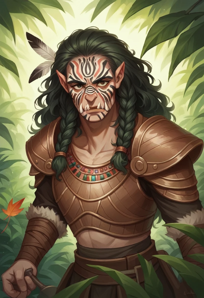 (A high resolution, realist) light skin black girl, Dungeons and Dragons style druid, holding a bow, with the bow drawn and aimed at an orc. The girl is dressed in armor made entirely of leaves..
Additional details: The girl has intricate, tribal face paint with earth colors. His eyes are sharp and focused., reflecting determination and strength. Her lips are full and slightly separated.., showing your concentration while aiming. the girl is long, The wavy hair is braided with flowers and feathers., adding to its natural and magical appearance. (((whole body))), dark jungle with many beads lurking. The armor he wears is made of large, overlapping leaves that resemble scales, providing protection and camouflage in the natural environment. The leaves are a vibrant green color., emphasizing the druid's connection with nature. Vines and flowers intertwine with the armor., further enhancing the mystical and earthly aspect.
The bow in his hands is made of intricately carved wood.., decorated with patterns and symbols inspired by nature. As she draws back the bowstring, The druid exhibits an elegant appearance and