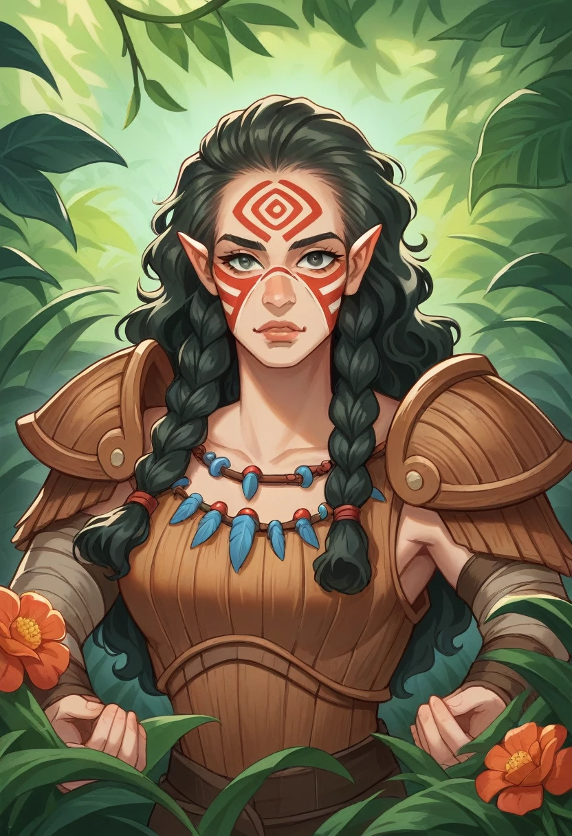 (A high resolution, realist) light skin black girl, Dungeons and Dragons style druid, holding a bow, with the bow drawn and aimed at an orc. The girl is dressed in armor made entirely of leaves..

Additional details: The girl has intricate, tribal face paint with earth colors. His eyes are sharp and focused., reflecting determination and strength. Her lips are full and slightly separated.., showing your concentration while aiming. the girl is long, The wavy hair is braided with flowers and feathers., adding to its natural and magical appearance. (((whole body))), dark jungle with many beads lurking. The armor he wears is made of large, overlapping leaves that resemble scales, providing protection and camouflage in the natural environment. The leaves are a vibrant green color., emphasizing the druid&#39;s connection with nature. Vines and flowers intertwine with the armor., further enhancing the mystical and earthly aspect.

The bow in his hands is made of intricately carved wood.., decorated with patterns and symbols inspired by nature. As she draws back the bowstring, The druid exhibits an elegant appearance and