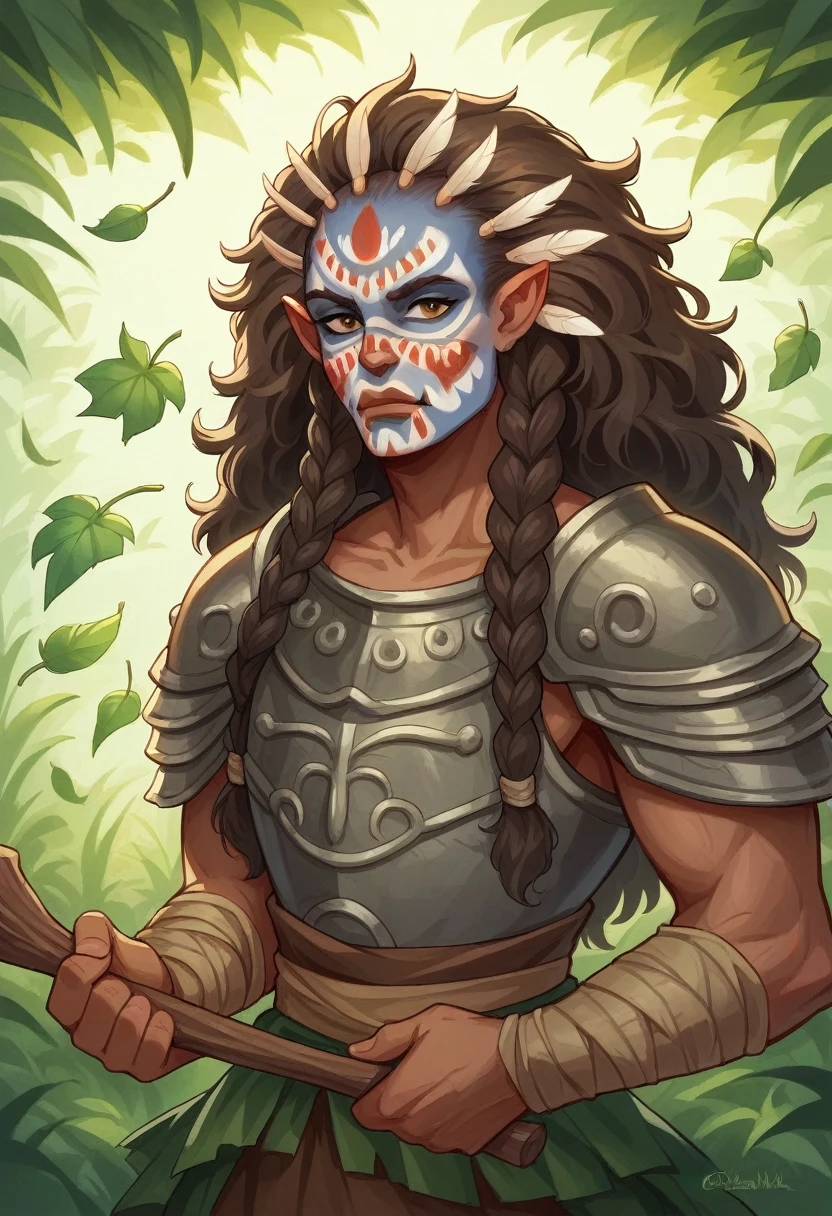 (A high resolution, realist) light skin black girl, Dungeons and Dragons style druid, holding a bow, with the bow drawn and aimed at an orc. The girl is dressed in armor made entirely of leaves..

Additional details: The girl has intricate, tribal face paint with earth colors. His eyes are sharp and focused., reflecting determination and strength. Her lips are full and slightly separated.., showing your concentration while aiming. the girl is long, The wavy hair is braided with flowers and feathers., adding to its natural and magical appearance. (((whole body))), dark jungle with many beads lurking. The armor he wears is made of large, overlapping leaves that resemble scales, providing protection and camouflage in the natural environment. The leaves are a vibrant green color., emphasizing the druid&#39;s connection with nature. Vines and flowers intertwine with the armor., further enhancing the mystical and earthly aspect.

The bow in his hands is made of intricately carved wood.., decorated with patterns and symbols inspired by nature. As she draws back the bowstring, The druid exhibits an elegant appearance and