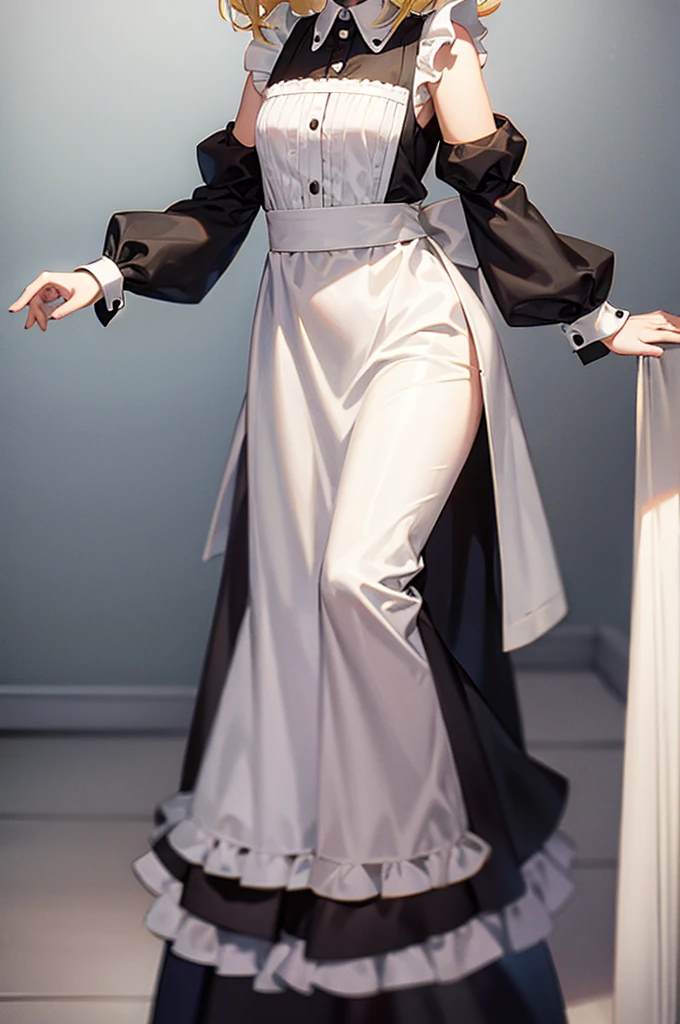 ((Maid)),Frills,Cute little ,Tiny ,Small girl,,Childish face, Very fine clean face,Top quality,Straight Hair,Yellow hair,(Dark Room), Subtle light, Natural light,Soft lighting,Light from directly behind,(Open your hands), (Are standing),Front view,Black background