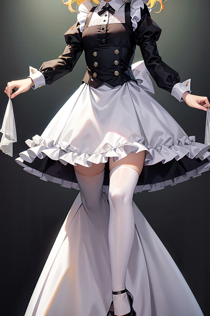 ((Maid)),Frills,Cute little ,Tiny ,Small girl,,Childish face, Very fine clean face,Top quality,Straight Hair,Yellow hair,(Dark Room), Subtle light, Natural light,Soft lighting,Light from directly behind,(Open your hands), (Are standing),Front view,Black background
