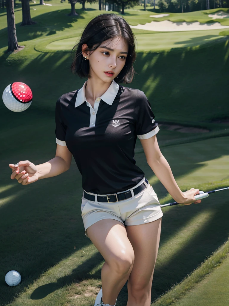 absurdres, RAW photo, extremely delicate and beautiful, masterpiece, Best Quality, ultra high resolution, 32k, hyperrealistic, ultra-detailed, in her 20s, delicate facial features, tearful mole, earring, medium breasts, full body shot, shorter middle hair, black hair, ((golf uniform)), shirt, shorts,