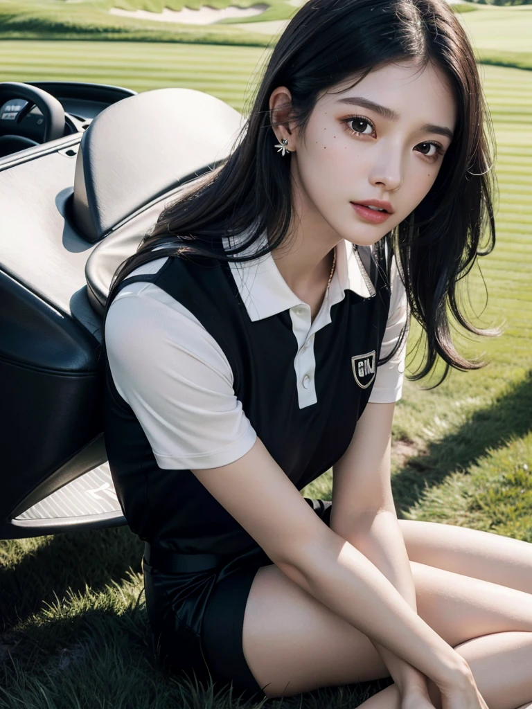 absurdres, RAW photo, extremely delicate and beautiful, masterpiece, Best Quality, ultra high resolution, 32k, hyperrealistic, ultra-detailed, in her 20s, delicate facial features, tearful mole, earring, medium breasts, full body shot, shorter middle hair, black hair, ((golf uniform)), shirt, shorts,