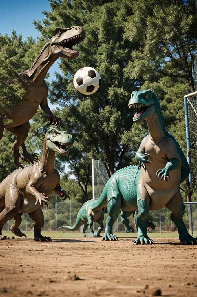 Dinosaurs playing soccer 