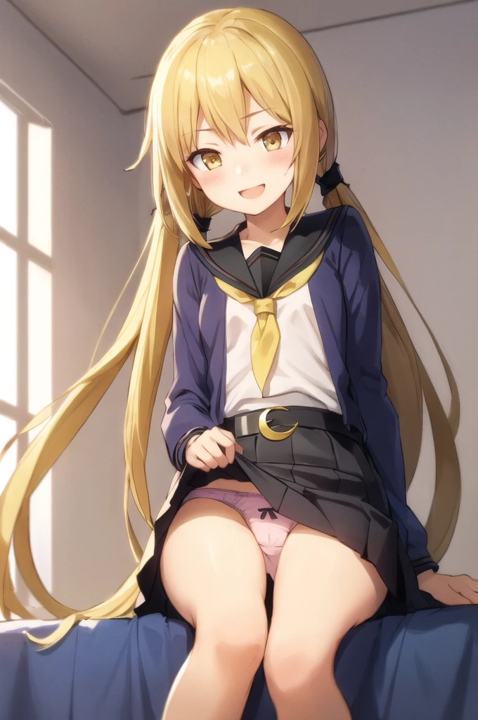 (masterpiece), (Highest quality), (Super detailed), ((Very delicate and beautiful)), One girl, 独奏, Satsuki, Blonde, Black Sailor Suit, White neckerchief, Crescent Pin, (very long hair), smile, Flat Chest, belt, Black Skirt, Open your mouth, Sitting, on bed,  indoors, Detailed iris, young,  (Skirt Lift), (panties), (Butt), From below, From behind
