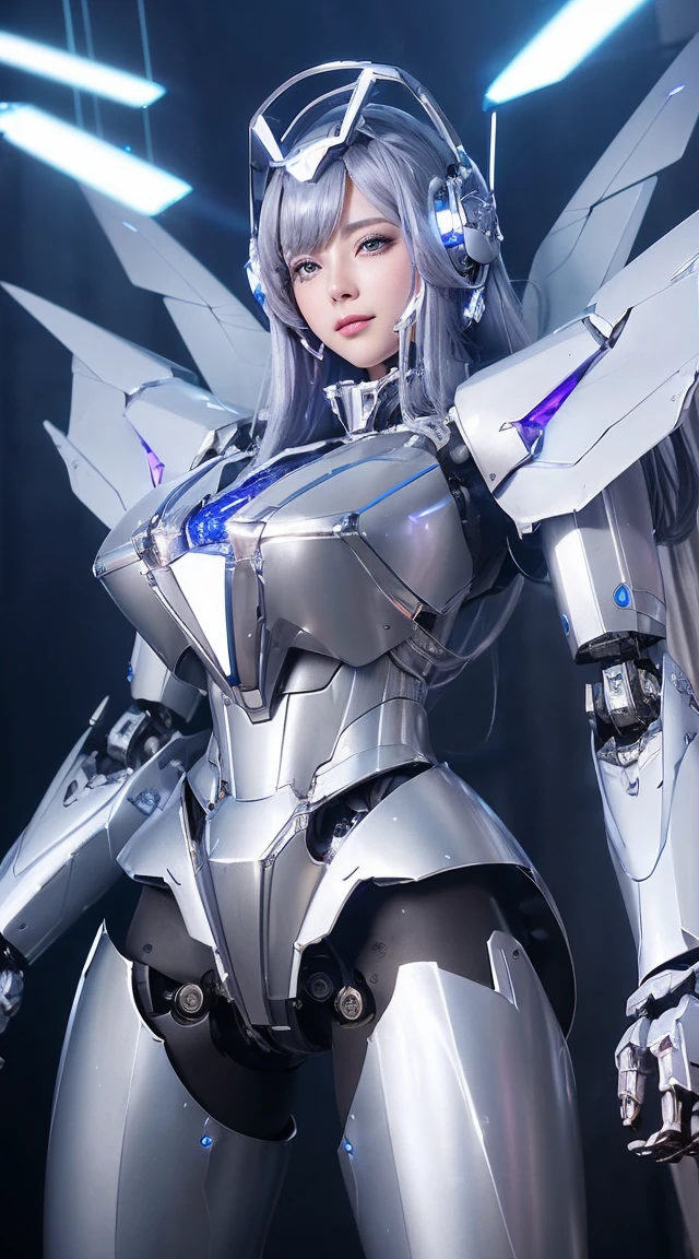((Intense action pose:1.6))、((Shining lenses on both breasts:1.3))、((Blue pillars of light are emanating from both chests.:1.3))、smile、((8K)), ((32k)), ((Highest quality)), ((masterpiece)), ((超A high resolution)), ((Tmasterpiece)), ((Halation:1.4))、((Mechaニカルheadgear:1.2))、((Cyber Headphones:1.3))、Fine skin, High quality fabric, Fine metal texture、((Beautiful and dense face))、RAW Photos、Professional, Ultra-fine painting, ((alone)), Beautiful breasts、Highest quality, Very detailed, Very detailed詳細, Finer details, so beautiful, ((Princess Knight Robot:1.2)),  (Joints of machines, Mechanical Limbs:1.3), (The internal structure of the machine is exposed:1.3), (Long silver hair:1.1), (Beautiful and huge mechanical breasts)、White Veil, cowboy_shot, Side Focus, headgear, Shiny、(Five Fingers, Four fingers and thumb),Concept Art, Anime fantasy artwork, Detailed fantasy art, (with pale blue-violet hair and large white wings,,,,,,,), (((Long silver hair))), (Mecha:1.6)、Sleek and intimidating design, ((Commander-in-Chief&#39;arm)), (Perfect robot body)、純白と青紫armまたは, Symmetrical wings, 8K high quality, detailed art, 3D rendering of character art in 8K, neat legs, Defined, Defined fingers,