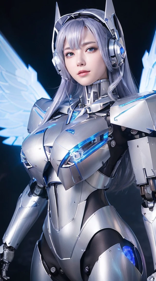 ((Intense action pose:1.6))、((Shining lenses on both breasts:1.3))、((Blue pillars of light are emanating from both chests.:1.3))、smile、((8K)), ((32k)), ((Highest quality)), ((masterpiece)), ((超A high resolution)), ((Tmasterpiece)), ((Halation:1.4))、((Mechaニカルheadgear:1.2))、((Cyber Headphones:1.3))、Fine skin, High quality fabric, Fine metal texture、((Beautiful and dense face))、RAW Photos、Professional, Ultra-fine painting, ((alone)), Beautiful breasts、Highest quality, Very detailed, Very detailed詳細, Finer details, so beautiful, ((Princess Knight Robot:1.2)),  (Joints of machines, Mechanical Limbs:1.3), (The internal structure of the machine is exposed:1.3), (Long silver hair:1.1), (Beautiful and huge mechanical breasts)、White Veil, cowboy_shot, Side Focus, headgear, Shiny、(Five Fingers, Four fingers and thumb),Concept Art, Anime fantasy artwork, Detailed fantasy art, (with pale blue-violet hair and large white wings,,,,,,,), (((Long silver hair))), (Mecha:1.6)、Sleek and intimidating design, ((Commander-in-Chief&#39;arm)), (Perfect robot body)、純白と青紫armまたは, Symmetrical wings, 8K high quality, detailed art, 3D rendering of character art in 8K, neat legs, Defined, Defined fingers,