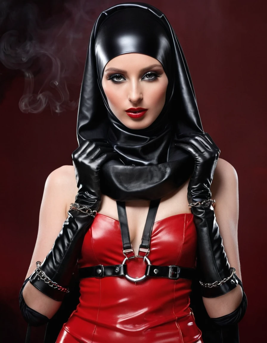 Very thin. Naked sexy model. in bdsm style. Shiny steel bracelets on top of black gloves. and Shiny steel bracelet necklaces are on her wrists. She wears a leather harness over her head and face. Leather garters on his feet.. Red, thick smoke in the background.