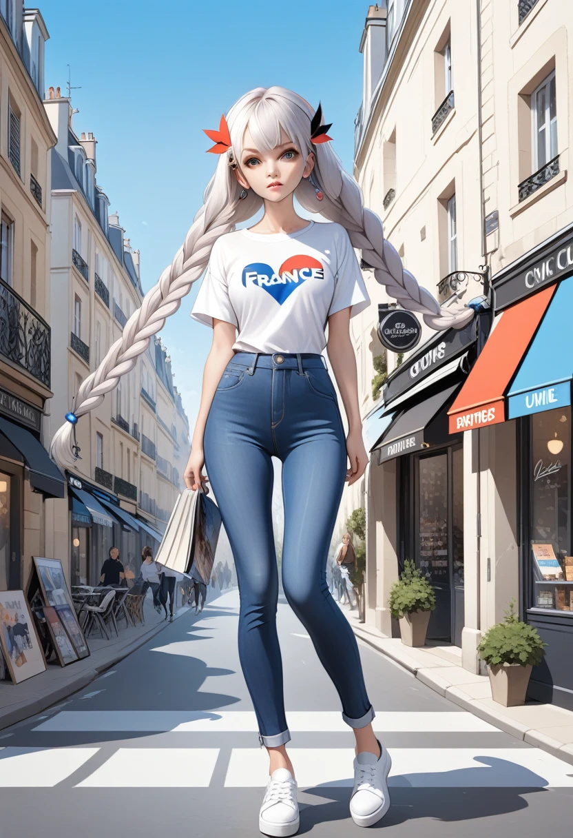 graphic design,Vector Art,Smooth lines,Simple style,Magazine cover design:Girl with long braids and white hair,Hair accessories,Casual white short sleeves,Slim Jeans,Paris, France,street,whole body,