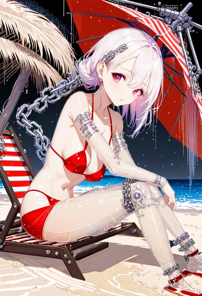 best quality, super fine, 16k, 2.5D, delicate and dynamic depiction, mechanical cyborg with fully mechanical body, hair made of chains and illuminated cable, deck chairs, beach umbrellas, beautiful white sand beaches, transparent, translucent, iridescent glitter, ascii_art, BREAK , eyes flashing red, wearing red bikini