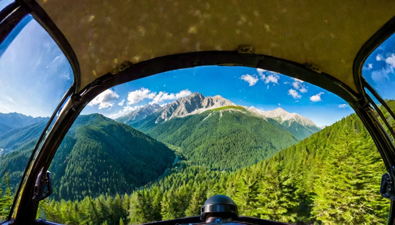 first person view, mountains landscape, surrounded by forest, sunny, pleasant day