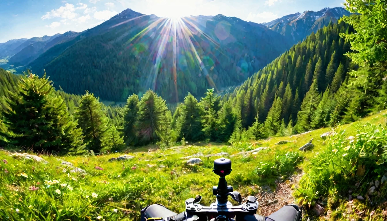 first person view, mountains landscape, surrounded by forest, sunny, pleasant day