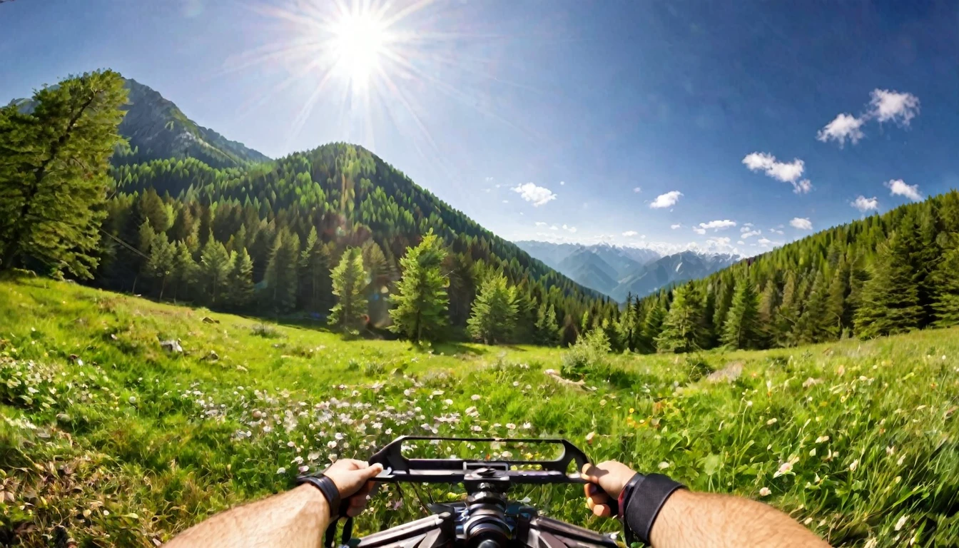 first person view, mountains landscape, surrounded by forest, sunny, pleasant day