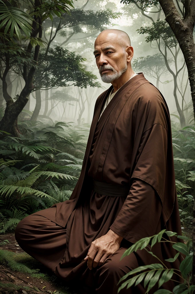 A captivating, high-definition illustration of an old, wise monk sitting serenely under a massive tree in a lush, dense jungle. His wrinkled face radiates tranquility and wisdom, while his robes flow gently in the breeze. Behind him, a young man with a concentrated and serious expression stands tall, his eyes locked on the surrounding wilderness. The atmosphere of the scene is both cinematic and realistic, encapsulating a moment of profound stillness amidst the intense beauty of the wild., cinematic, illustration