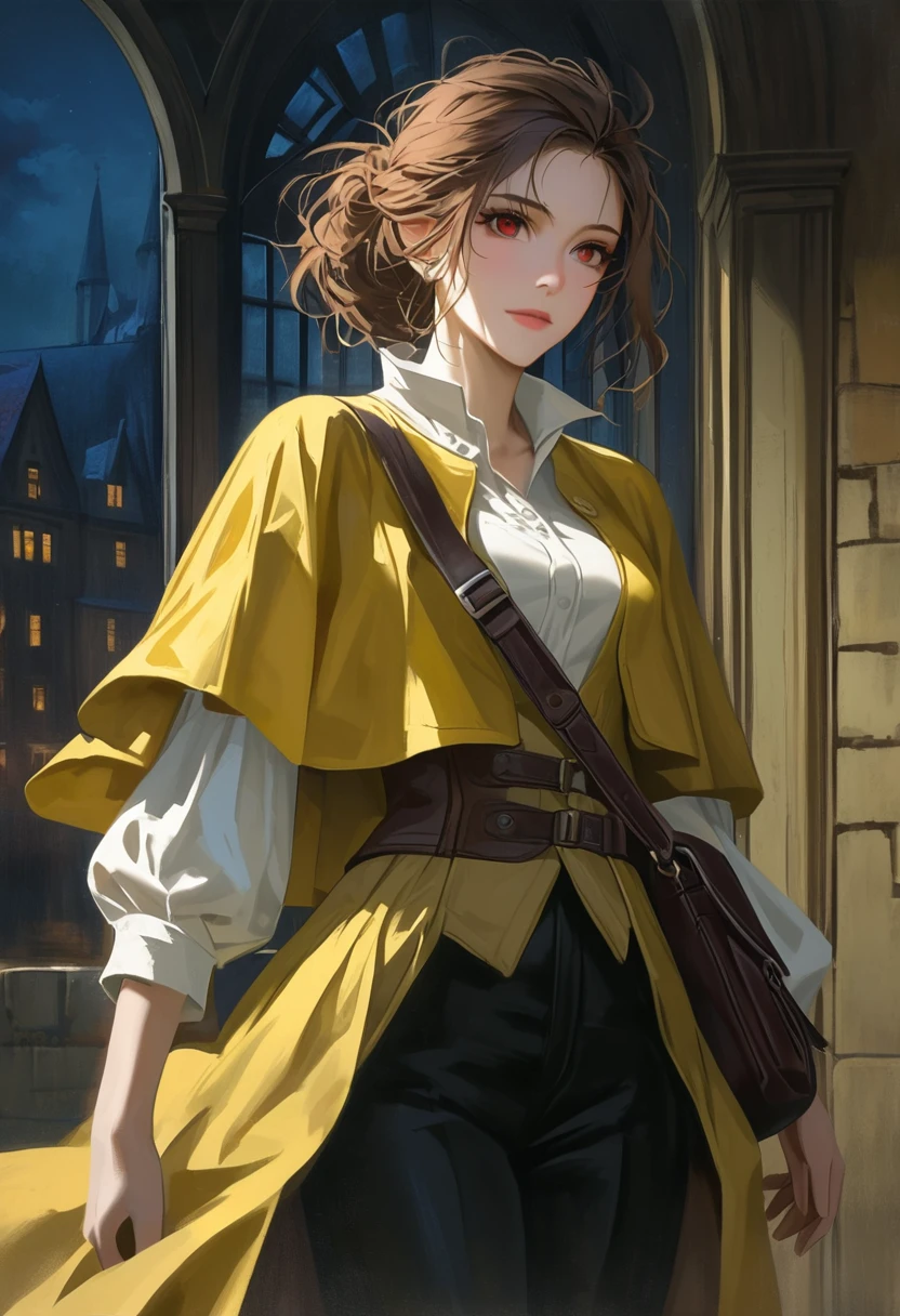 ((adult)), (woman), ((tall)), masterpiece, best quality, dark aura, brown hair, ((updo hair)), (messy hair) , ringed dark red eyes, plain white shirt, Yellow coat, black pants, carrying a medieval, big waist leather bag, (faint smile), realistic anime style, (oil painting), dark old manor background, night, impasto.