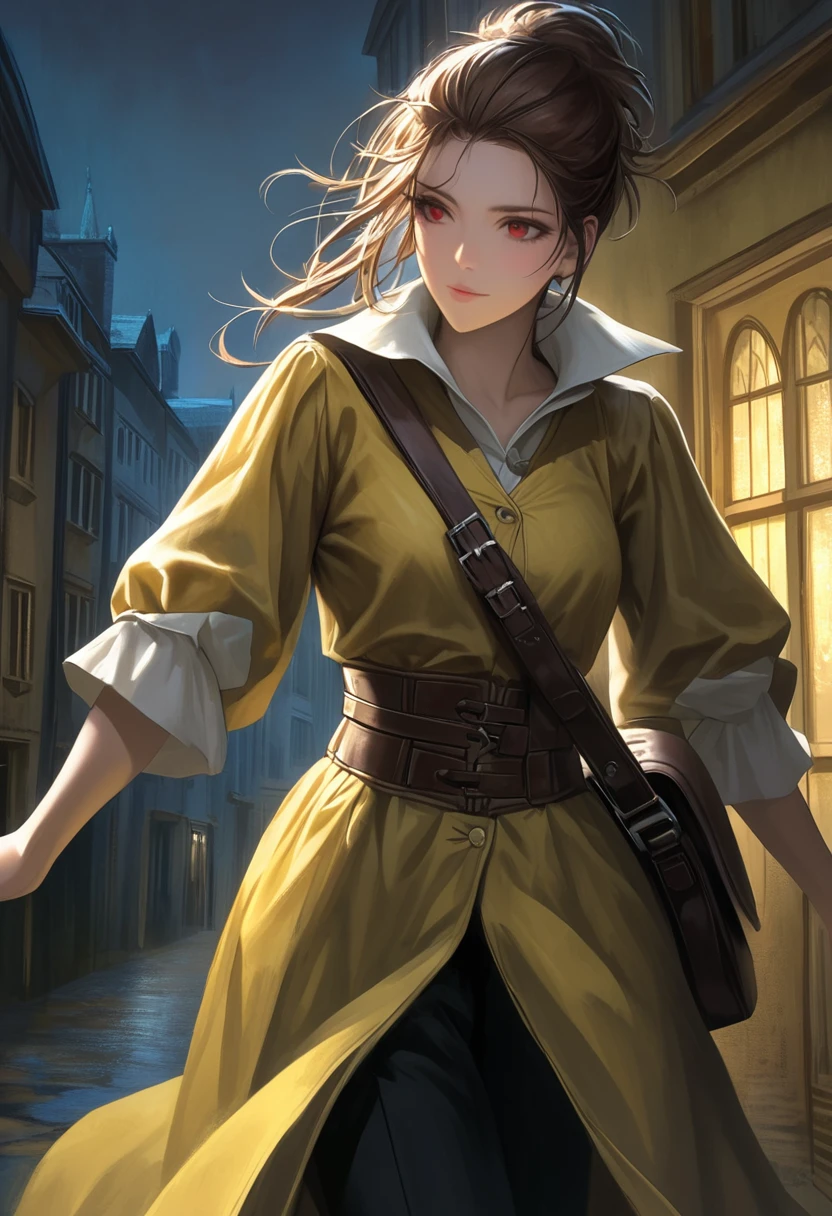 ((adult)), (woman), ((tall)), masterpiece, best quality, dark aura, brown hair, ((updo hair)), (messy hair) , ringed dark red eyes, plain white shirt, Yellow coat, black pants, carrying a medieval, big waist leather bag, (faint smile), realistic anime style, (oil painting), dark old manor background, night, impasto.