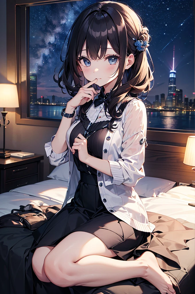 1 Girl,（improve quality：1.4），（Top quality real texture skin), Delicate face,Black Hair, Gradient hair,  Body,（Perfect body：1.1）, A jewel on the forehead, Frameless glasses, Sparkling pupils，Long eyelashes,Grin, Hyperrealism, light, Projection Insertion, Surrealism, Ultra HD, masterpiece, 16K，lie，Keep dreaming，Wearing sheer silk pajamas,cametto,Open your legs slightly，Tattoo，Fantasy Space，Luxurious space