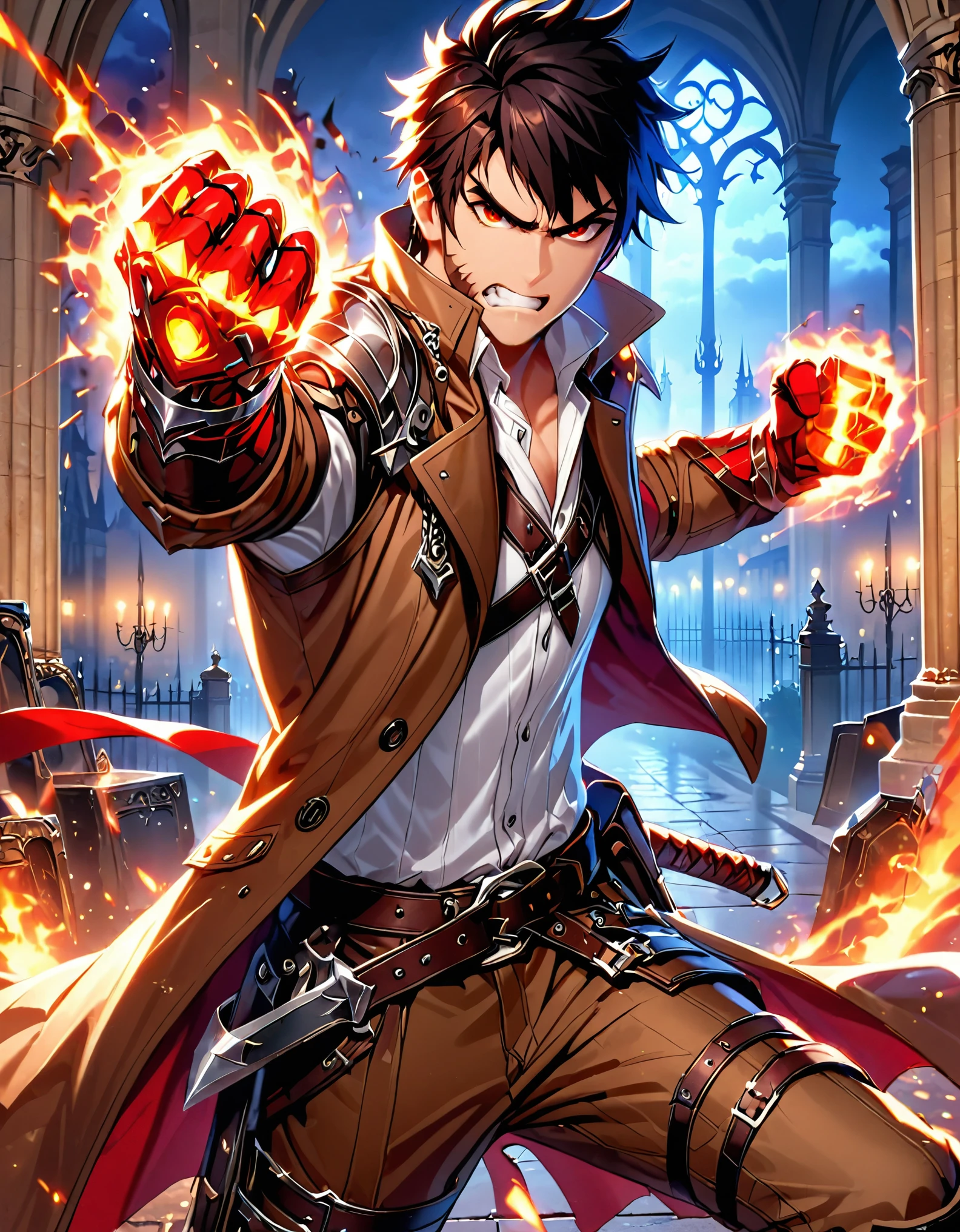 (masterpiece), (best quality), (hires), 1male, solo, solo focus, male focus, dynamic fighting stance, psychotic french male, white shirt, brown cargo pants, brown combat boots, holding weapon, daggers, red gloves, black hair, short hair, sideburns, red eyes, (wearing brown trench coat, open coat), black vest, vest with sheaths, clenched fists, fist gauntlets, angry, clenched teeth. modern paris, night, indoors, cowboy shot.