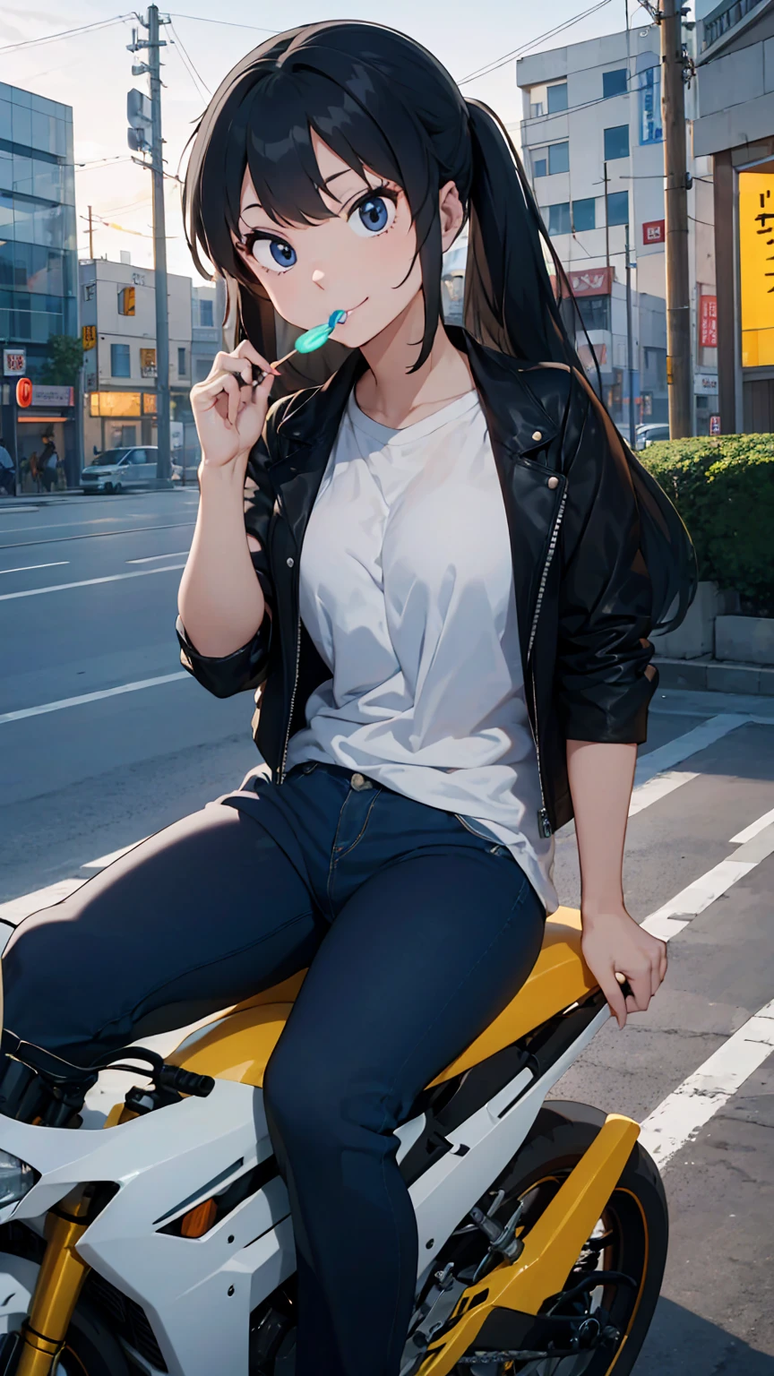 (score_9, score_8_up, score_7_up), 1girl, 独奏, Lum, drives a motorcycle, Sitting on a motorcycle, rides a motorcycle, no helmet, In a leather jacket, hair fluttering, on the overpass, neon city lights, left hand on the steering wheel, right hand holds a lollipop, licks a lollipop, pleasure on face, bliss, Snide grin,