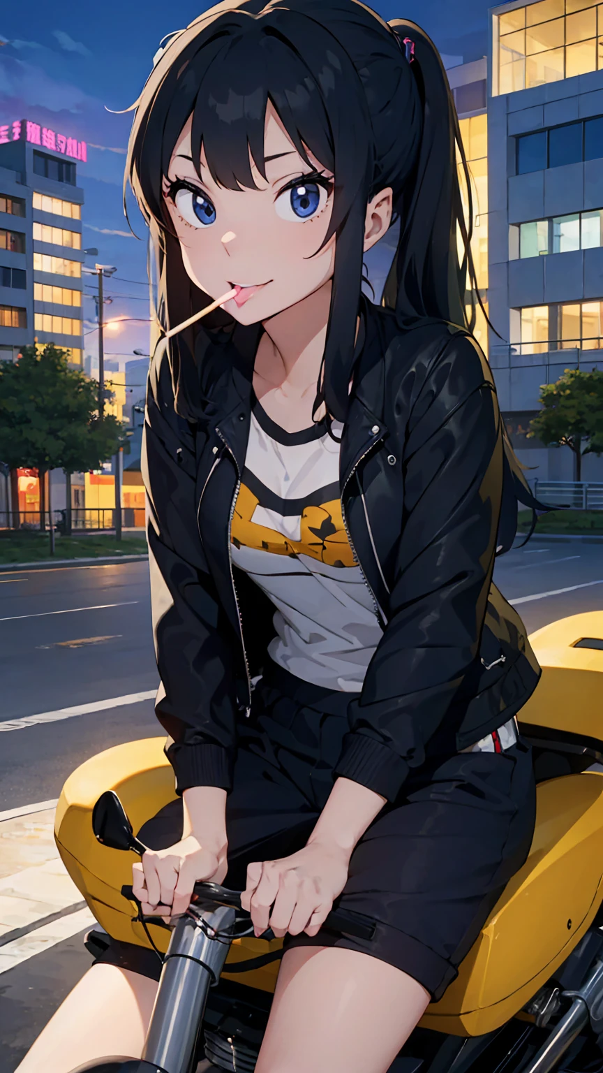 (score_9, score_8_up, score_7_up), 1girl, 独奏, Lum, drives a motorcycle, Sitting on a motorcycle, rides a motorcycle, no helmet, In a leather jacket, hair fluttering, on the overpass, neon city lights, left hand on the steering wheel, right hand holds a lollipop, licks a lollipop, pleasure on face, bliss, Snide grin,