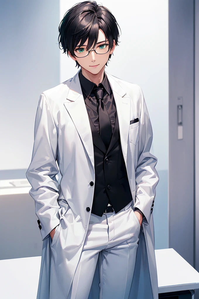 (masterpiece; best quality: 1.2), (finely detailed eyes: 1.3), ((25 year old man)), ((solo)), (green eyes: 1.4), (body; lean, lithe, masculine: 1.3), (very short black hair: 1.3), (beautiful and clear background: 1.2), ((depth of field)), (equipment: white open labcoat + black shirt + white tie + white pants + black square glasses: 1.3), (anime illustration: 1.2), (background composition; japanese highschool classroom + furniture: 1.1), (extremely fine and handsome: 1.1), (shot composition; standing + centered on torso + close-up: 1.5), (expression; calm, smile: 1.2)