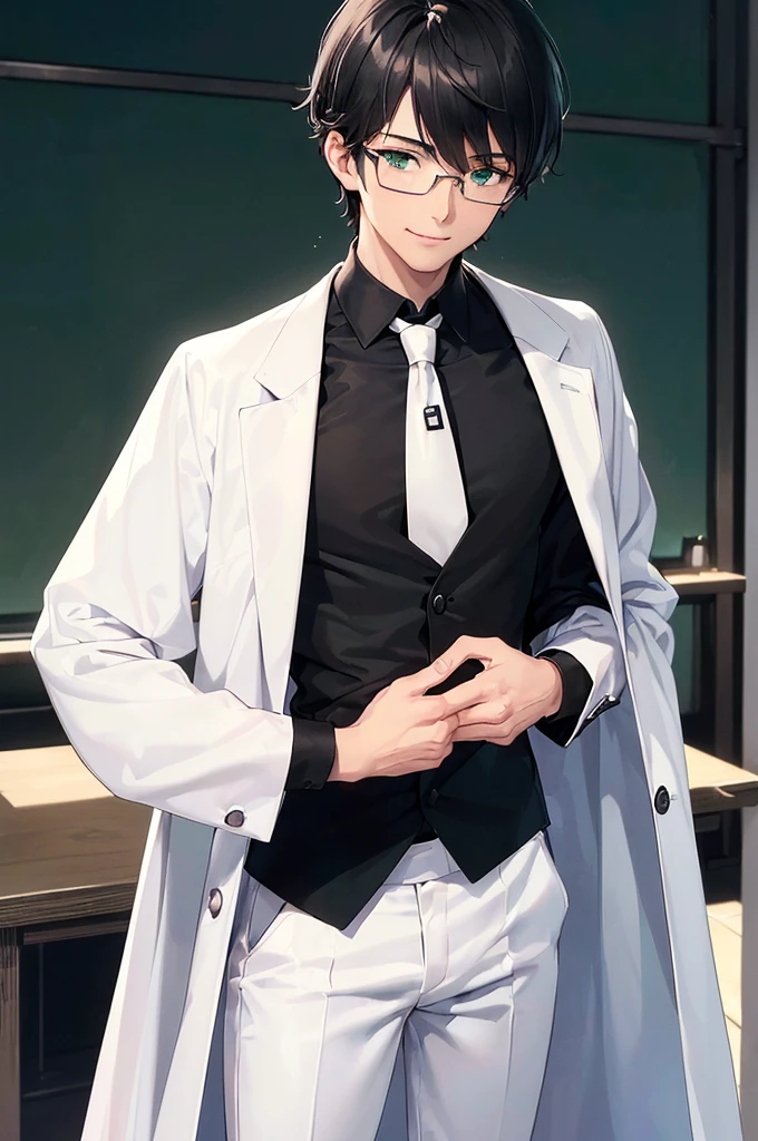 (masterpiece; best quality: 1.2), (finely detailed eyes: 1.3), ((25 year old man)), ((solo)), (green eyes: 1.4), (body; lean, lithe, masculine: 1.3), (very short black hair: 1.3), (beautiful and clear background: 1.2), ((depth of field)), (equipment: white open labcoat + black shirt + white tie + white pants + black square glasses: 1.3), (anime illustration: 1.2), (background composition; japanese highschool classroom + furniture: 1.1), (extremely fine and handsome: 1.1), (shot composition; standing + centered on torso + close-up: 1.5), (expression; calm, smile: 1.2)