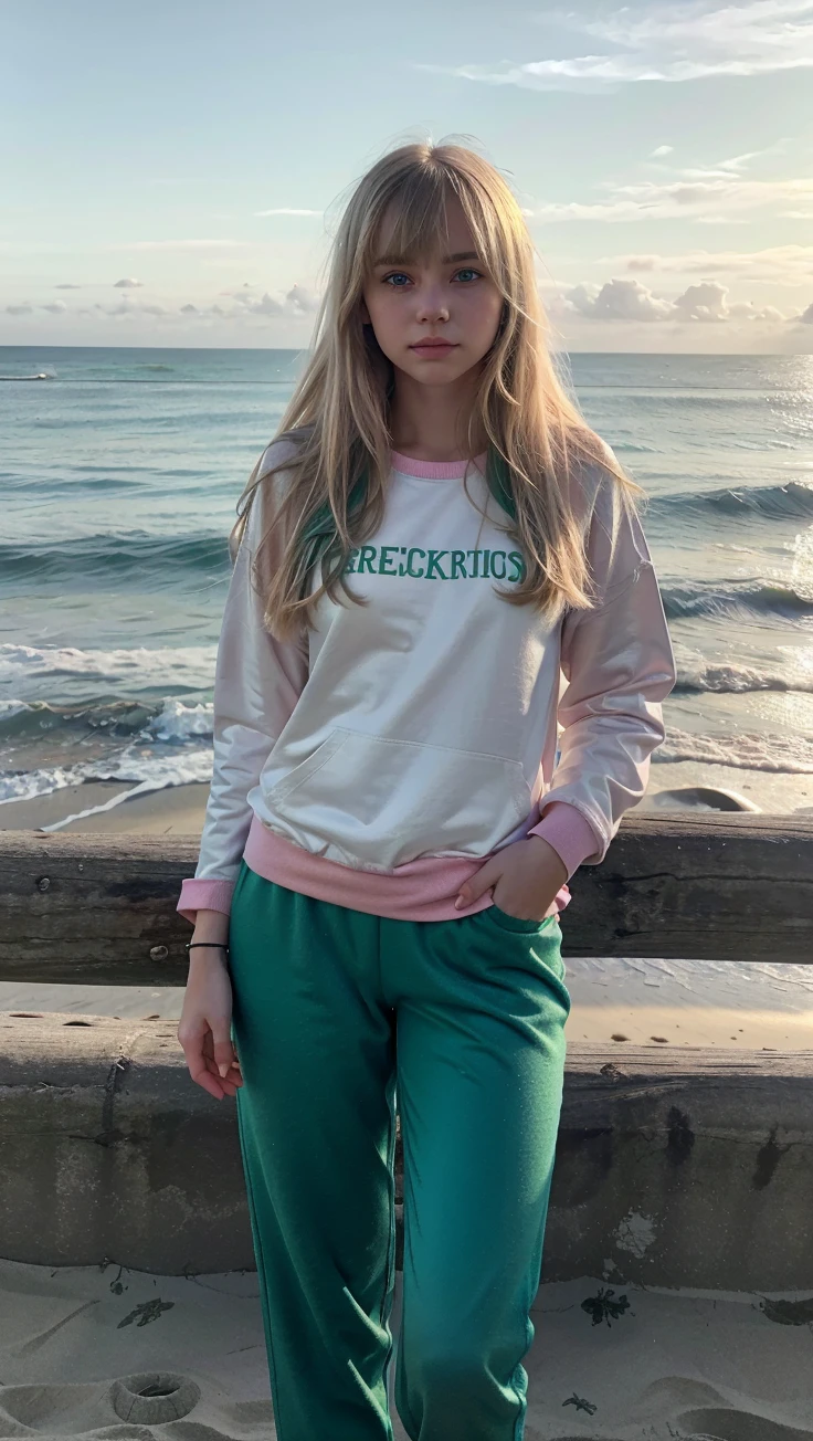 Pale blonde age girl with bangs, shiny silky hair, and blue-green eyes with a long green sweatshirt and pink pants taking a photo on the beach by the sea looking at the afternoon sky