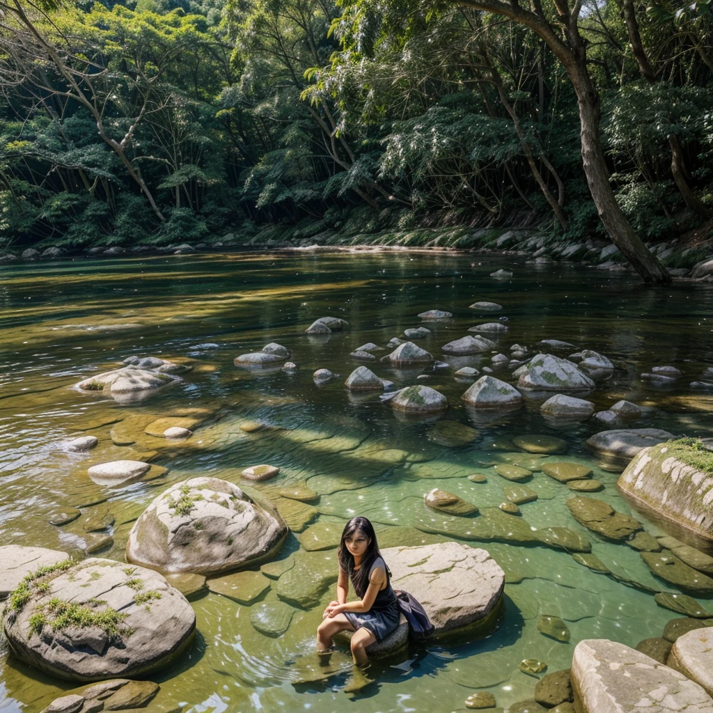 1 woman、(masutepiece, Best Quality, High quality, hight resolution:1.4), Detailed, Extremely detailed, Ambient soft lighting, 4K,Blurry, Blurry background, depth of fields, Bokeh, degrees of freedom, Fog, bloom, Outdoors, (Nature, tropical rainforest:1.2), (boulders:1.2), mount, Plants, Waterfall,