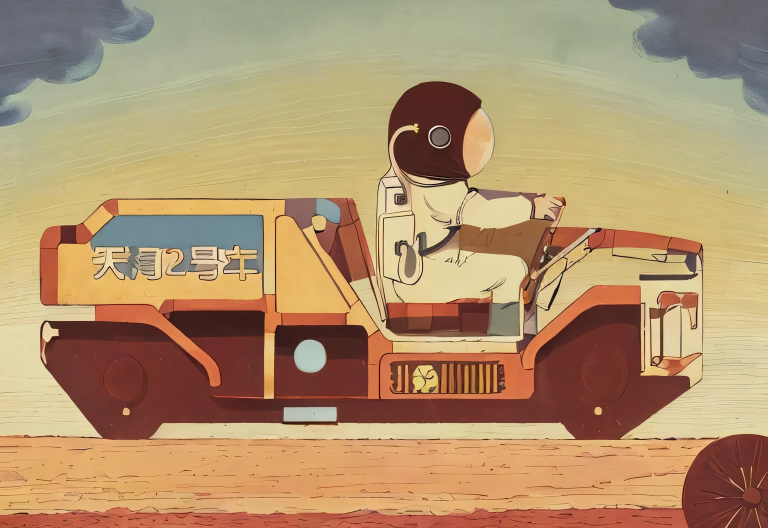 Coloring Pages ,Flat shading,cartoon astronaut driving a tractor with a large wheel,The painting shows a man in a space suit standing on a car