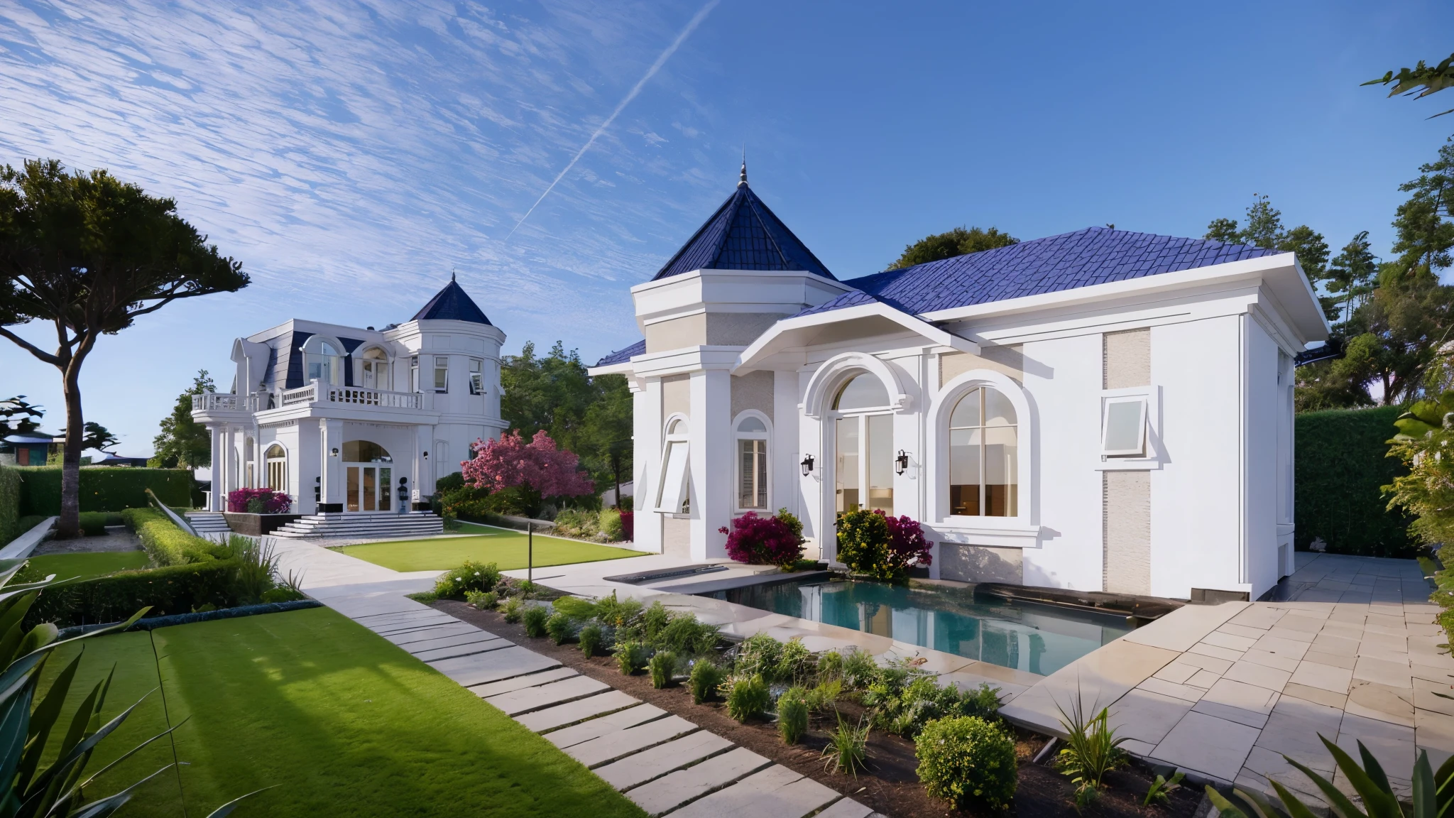 A close-up view of a beautifully designed modern European garden with a touch of Asian influence, focusing on a sleek gazebo with a contemporary roof design. Shot with a high-quality DSLR camera, the smooth stone pathway winds through lush green lawns and small grassy hills, leading to a spacious BBQ area equipped with a stylish grill and modern outdoor dining furniture. The gazebo is elegantly furnished with minimalist chairs and a table. The garden includes multiple grassy areas, small mounds forming gentle hills, a serene pond with a waterfall cascading over a hòn non bộ rock formation, and small clear ponds, incorporating Asian-inspired plants that add tranquility to the setting. Soft, ambient lighting enhances the cozy atmosphere. Shallow depth of field, focused foreground, bokeh background. ((8k)), high quality detail, sophisticated and harmonious garden.